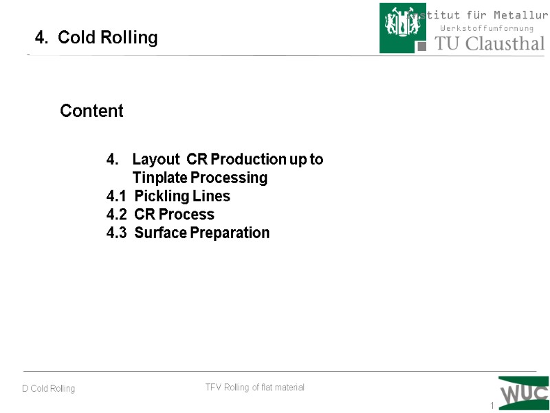 1 Layout  CR Production up to  Tinplate Processing 4.1  Pickling Lines